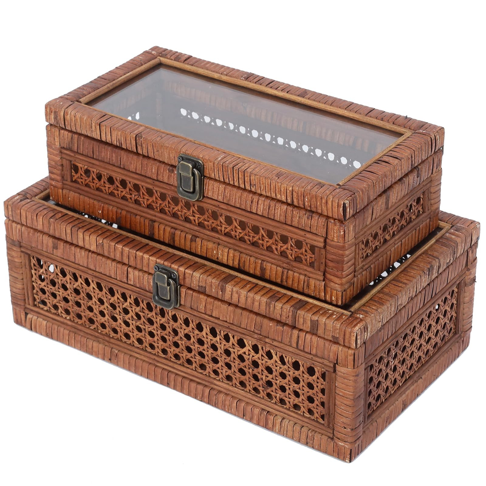 Rattan and Cane Stacking Boxes with Glass Top Lid - Set of 2 11.8" and 14.1", for Boho and Rustic... | Amazon (US)