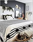 Moroccan Blanket White and black Stripes,handwoven throw,tassel blankets, Pom Poms, Boho Blanket, Co | Amazon (US)
