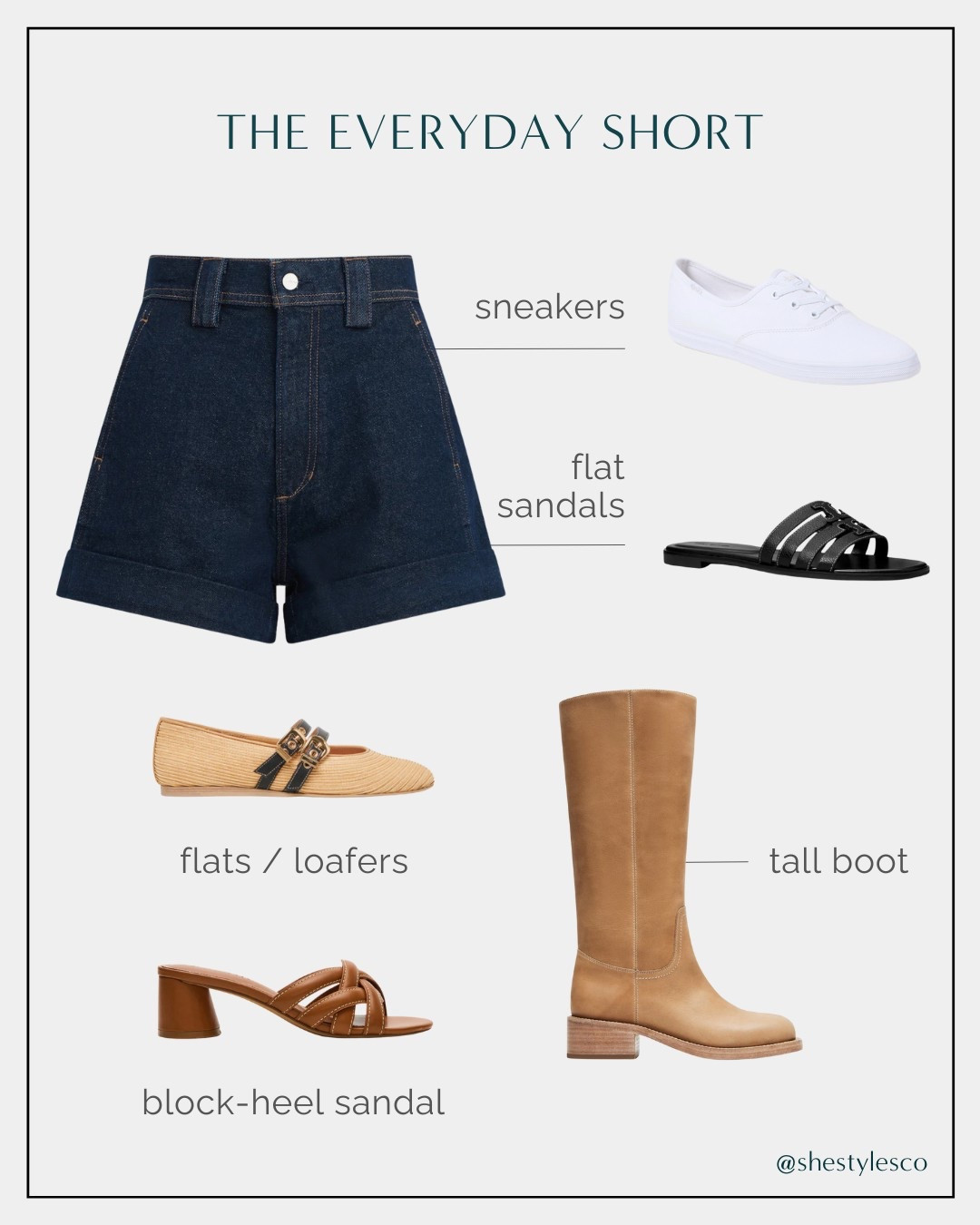PAIRING GUIDE! Spring Edition - Bottoms & Shoes ☀️

Everyday Short: Try sneakers, flat sandals, flats / loafers, tall boots, or block-heel sandals