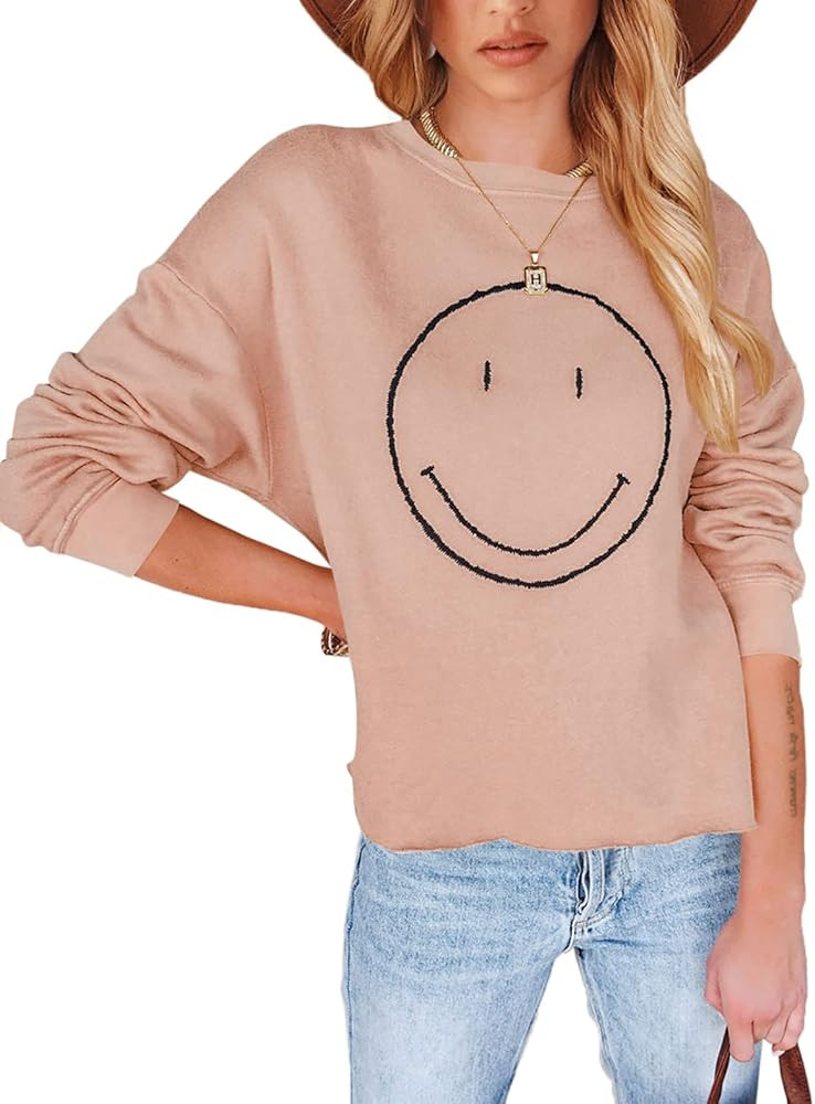 Pepochic Womens Crewneck Happy Face Sweatshirt Casual Long Sleeve Smile Graphic Pullover Tops Shirts | Amazon (US)
