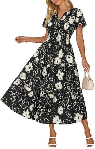 Wenrine Womens Summer Short Sleeve Maxi Dresses Casual Floral V Neck Smocked Tiered Flowy Boho Be... | Amazon (US)