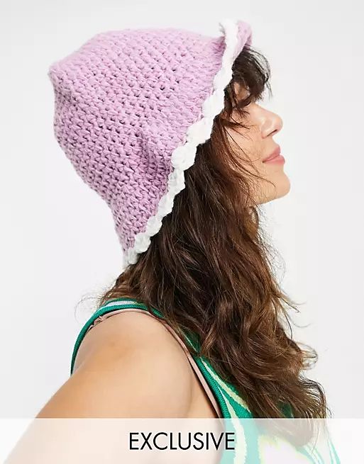 Reclaimed Vintage inspired crochet bucket hat in lilac | ASOS (Global)