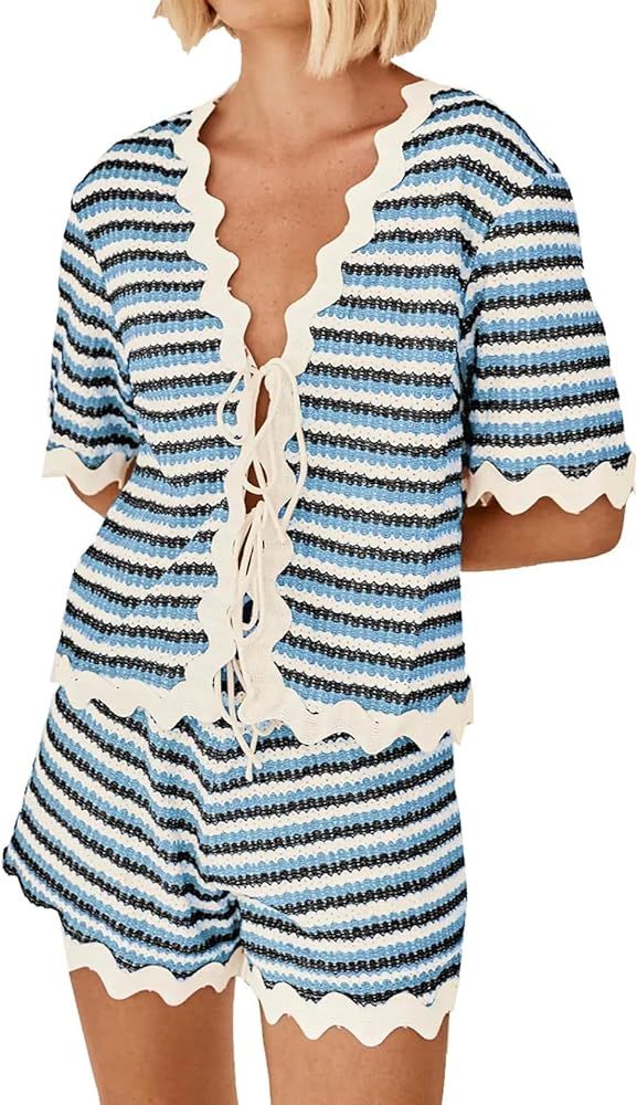 SCOFEEL Womens Short Sleeve Striped Pajama Sets Color Block Crochet Knit Top Shorts 2 Piece Beach... | Amazon (US)
