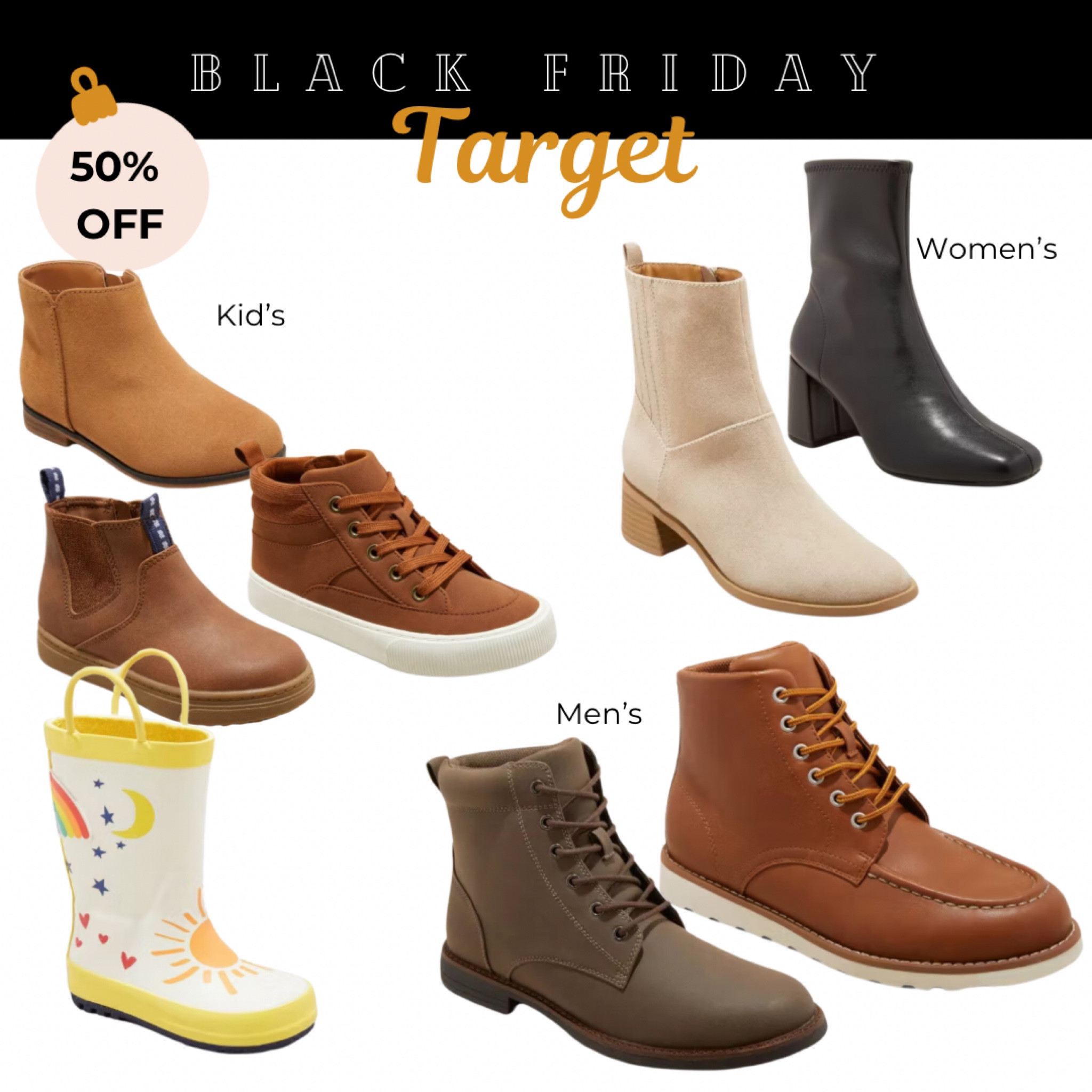 Black Friday Sale: Target 

50% off Boots for the family 

#LTKGiftGuide #LTKCyberWeek #LTKSaleAlert