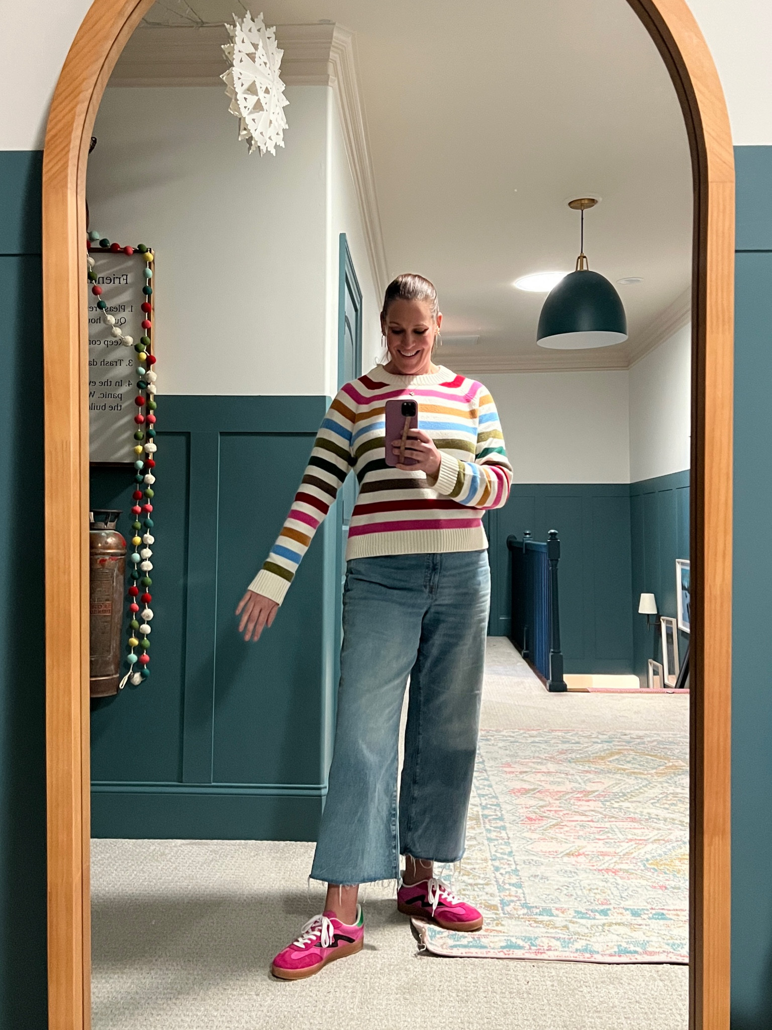 This colorful striped sweater is my new favorite! It’s 30% off right now. So soft and not at all itchy. AND it’s not too short. It’s TTS. I’m wearing a large and it’s roomy but not oversized. I’m 5’9” for reference 😊 Linked my jeans and shoes as well ❤️ 

#LTKSaleAlert #LTKOver40 #LTKFindsUnder50