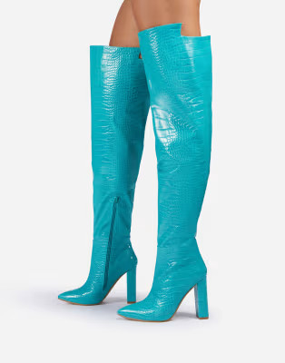 Ego x Molly-Mae Visionary slouch over the knee boots in blue croc | ASOS (Global)