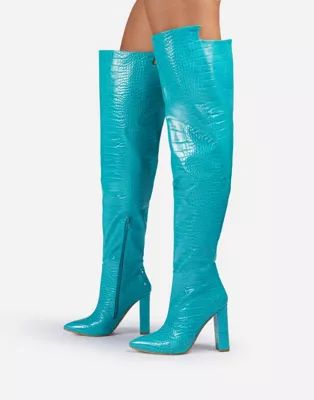 Ego x Molly-Mae Visionary slouch over the knee boots in blue croc | ASOS (Global)