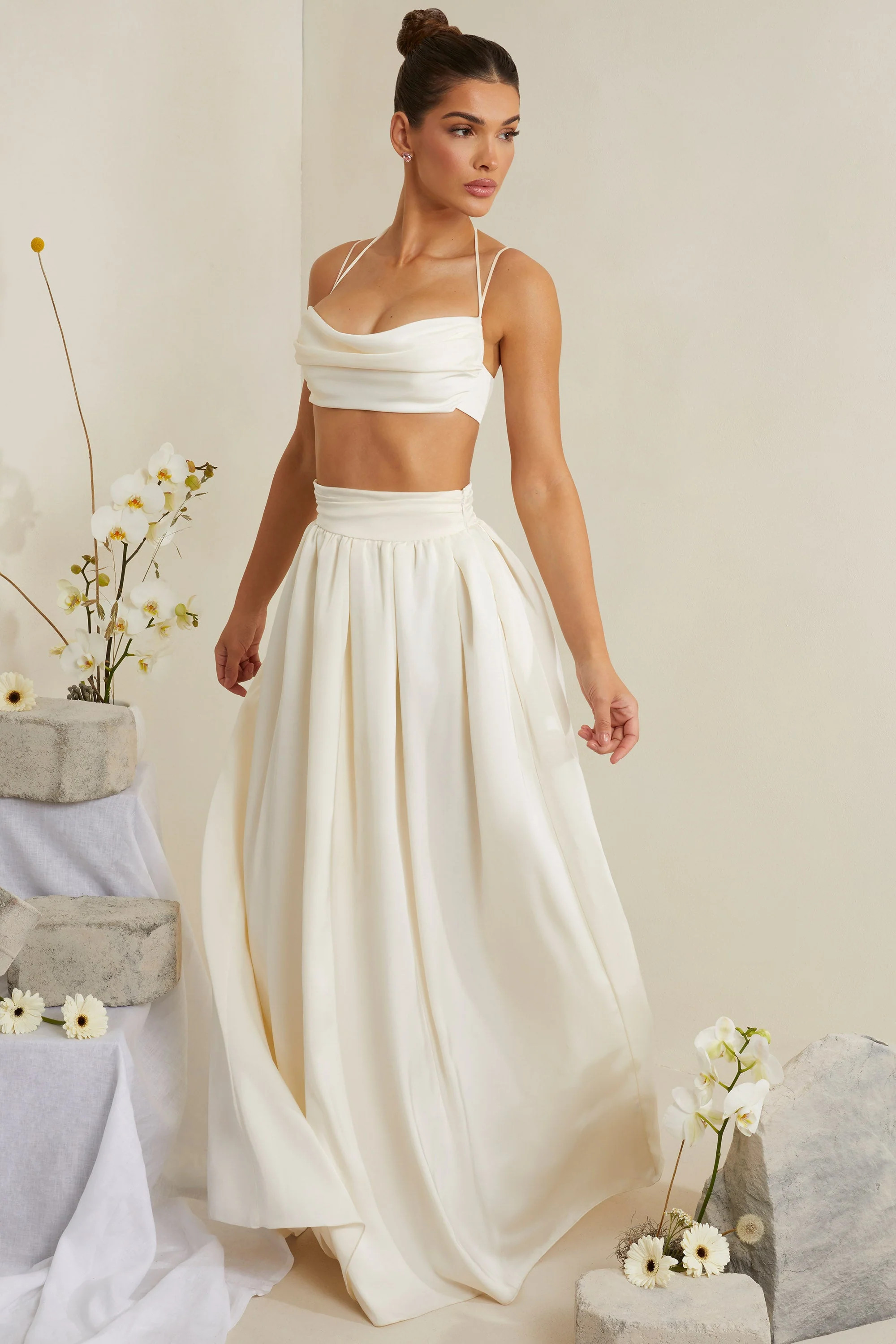 Pleated Heavy Satin Maxi Skirt in White | Oh Polly