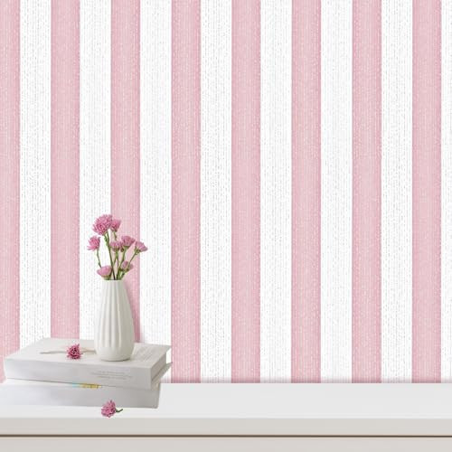 HorryHaus Striped Pink and White Wallpaper Peel and Stick Boho Silver Stripe Textured Contact Paper A Set of 15.7"x1180" Self Adhesive Removable Waterproof Wallpaper for Bedroom,Cabinets,Drawer Liners | Amazon (US)