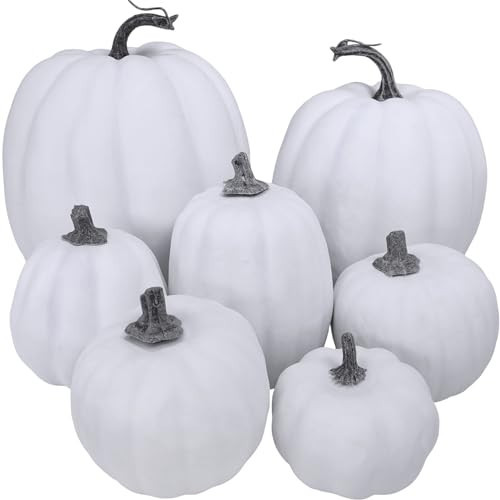 Winlyn 7 Pcs Assorted Sizes Fall Artificial Pumpkins Harvest Pumpkins Faux Foam Pumpkins for Fall Autumn Season Halloween Thanksgiving Harvest Holiday Season Festive Tabletop Decoration (White) | Amazon (US)