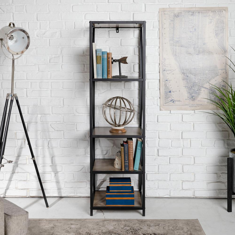 Walker Edison Furniture Company 61 in. Driftwood/Black Metal 4-shelf Etagere Bookcase with Open Back | The Home Depot