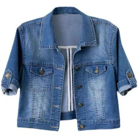 Pavied Jackets for Women Denim Jacket Women s 3/4 Sleeve Colored Cropped Denim Jacket Light Wash Short Jean Jacket Trucker Coat Fall Tops Short Sleeve Cardigans Fall Outfits Light blue S | Walmart (US)