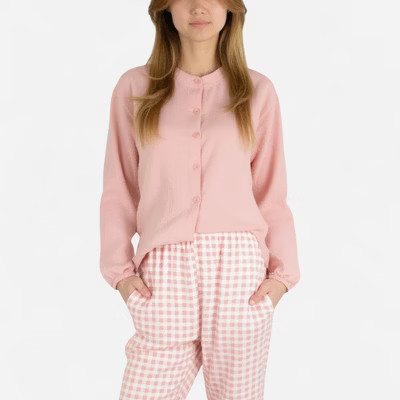 Anna-Kaci Lounge Women's Woven Pajama Set with Long Sleeve Button-Up Top Elastic Cuff Sleeves and Relaxed Gingham Print Lounge Pants - Pink, Small | Target