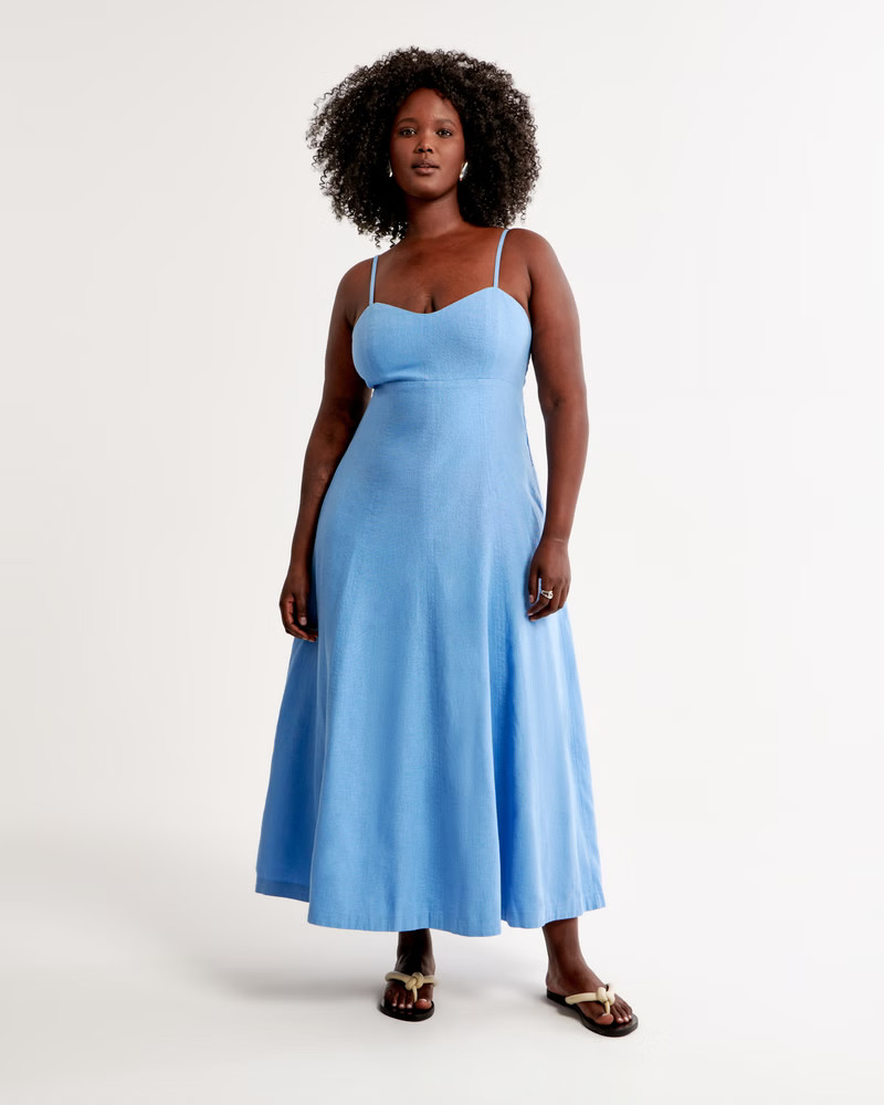 Linen-Blend Sweetheart Midi Dress | Abercrombie & Fitch (US)