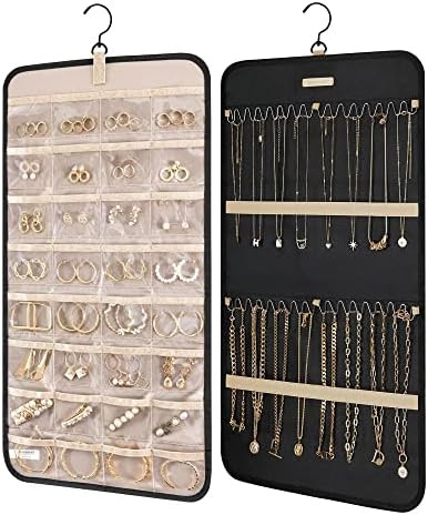 BAGSMART Hanging Jewelry Organizer Storage Roll with Hanger Metal Hooks Double-Sided Jewelry Hold... | Amazon (US)