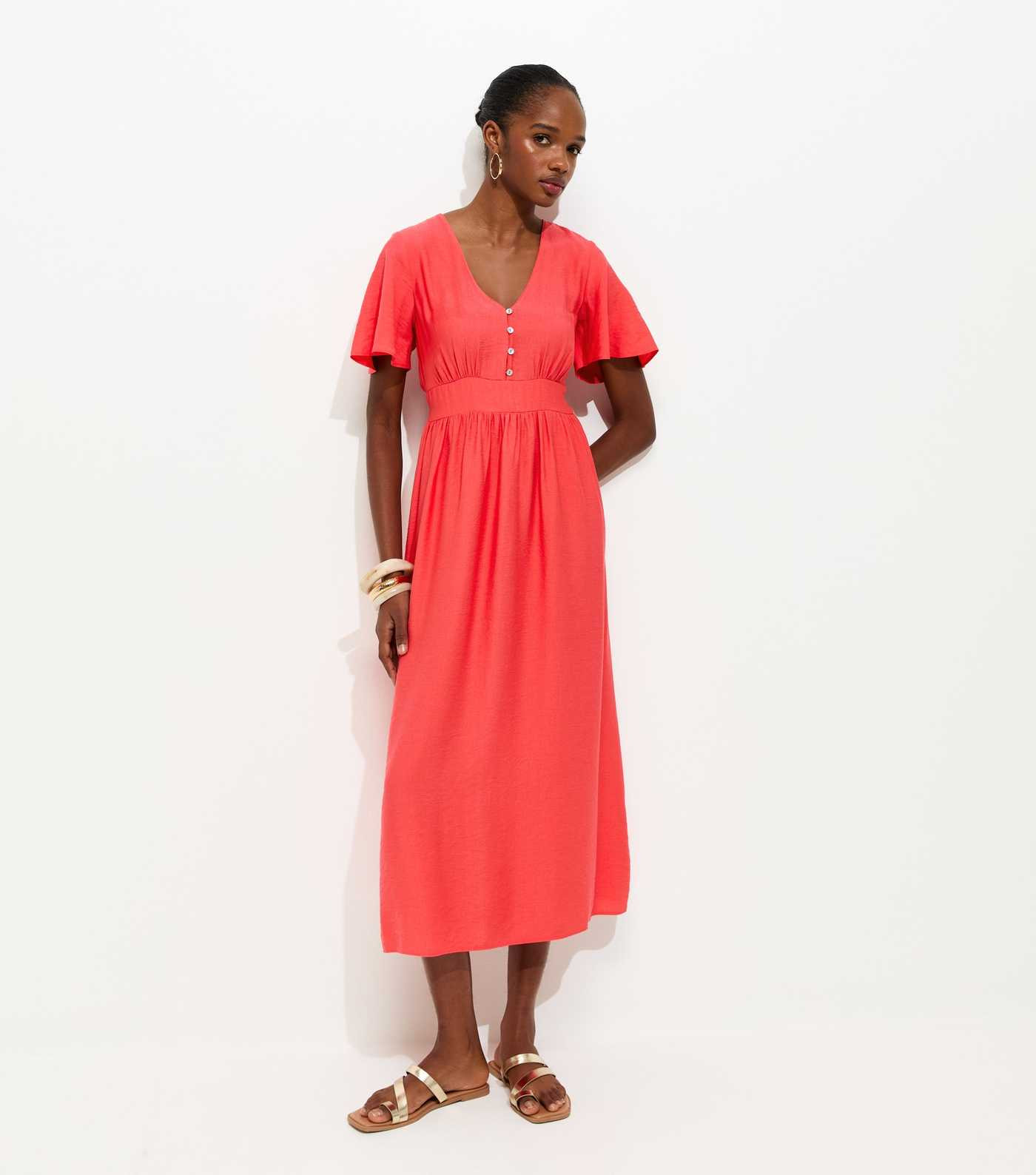 Coral Frill Sleeve V Neck Midi Dress | New Look | New Look (UK)