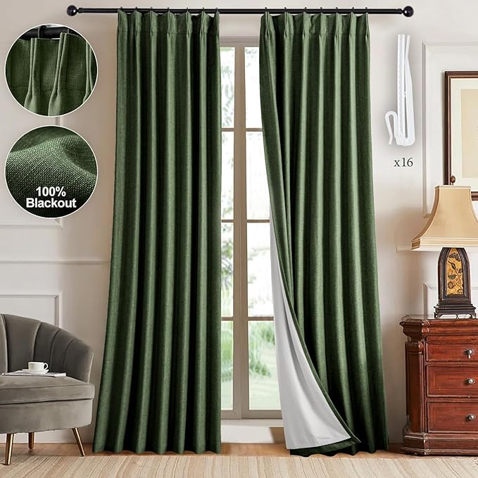 2 Layer Thick Linen Pinch Pleated Full Blackout Curtains for Bedroom - Two Pages Black Out Green ... | Amazon (US)