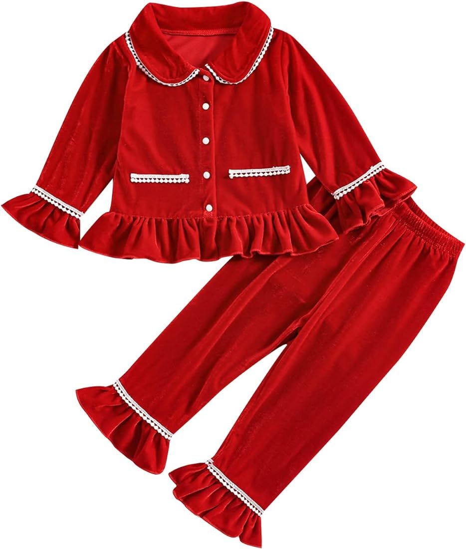 KMBANGI 2Pcs Kids Toddler Baby Girl Velvet Pajamas Set Long Sleeve Lace Button Down Pajamas Top P... | Amazon (US)