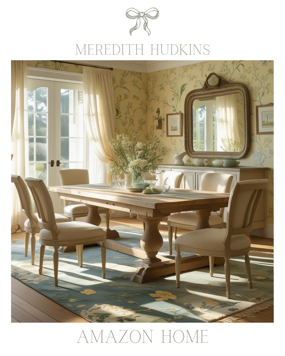 A classic coastal dining room that is warm and inviting with a cozy and elegant atmosphere. Meredith Hudkins, amazon, amazon home, decor, interior design, dining room, coastal, classic, affordable, rattan, floral, natural, mirror, curtains 

#LTKHome #LTKFindsUnder100 #LTKSaleAlert