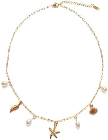 Charm Necklace for Women - Dainty Paperclip Beach Charm Necklace Cute Shell Necklace Moon Star Ac... | Amazon (US)
