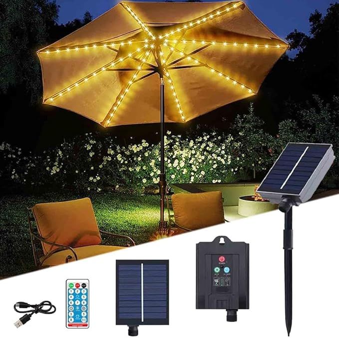 Solar Patio Umbrella Lights,8 Lighting Modes String 104 LED Lights with Clip 4 Brightness Remote ... | Amazon (US)