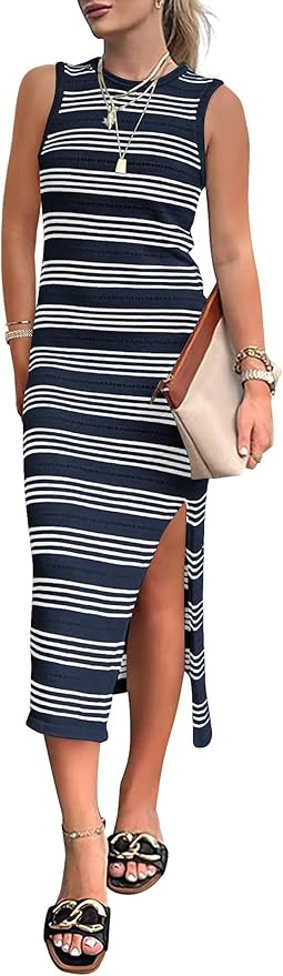 PRETTYGARDEN Women's Summer Bodycon Sundresses Casual Midi Sleeveless Hollow Out Knit Side Slit S... | Amazon (US)