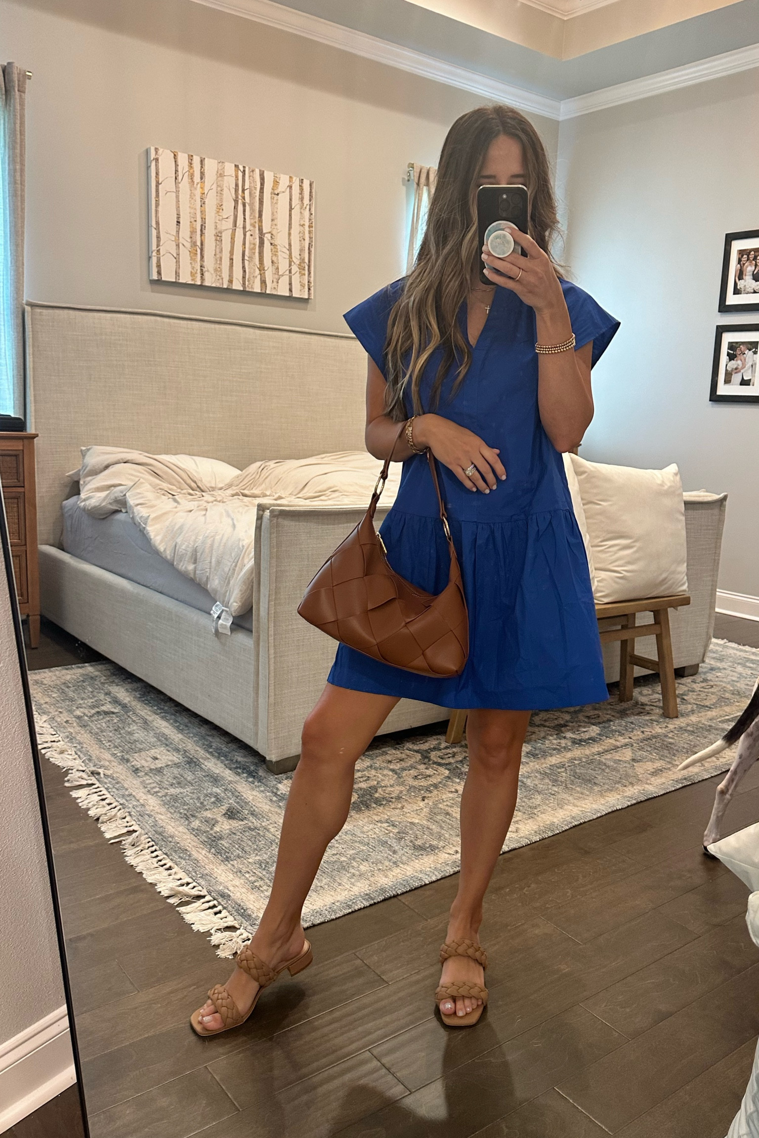 O is this dress! The color is a great blue. Has a dropped shoulder and is the cutest. 

Wearing size XS. I’m 5’4” for height reference. TTS 

I sized up to an 8 on the sandals! 

#pinkhaven 

#LTKStyleTip #LTKFindsUnder50 #LTKSaleAlert