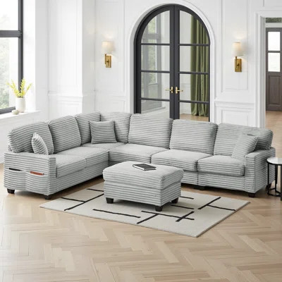 125 U-Shaped Sectional Sofa with Movable Ottoman-Plush Corduroy Fabric, Storage Pockets & Foam-Spring Cushions | Wayfair North America