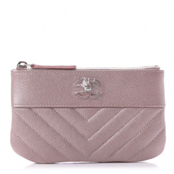 Metallic Caviar Chevron Quilted Small Vintage Mademoiselle Cosmetic Case Pink | Fashionphile