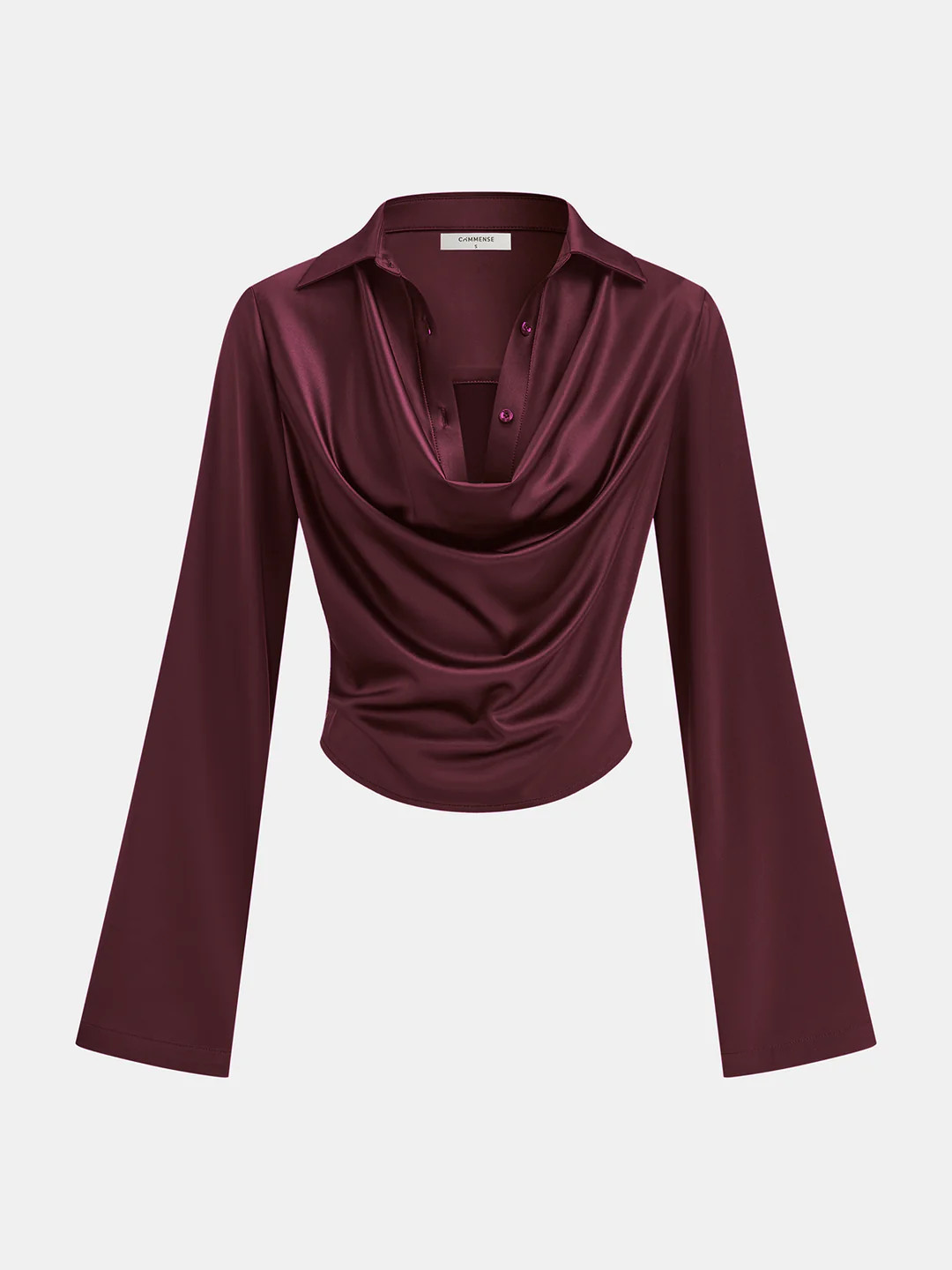 Satin Cowl Neck Long Sleeve Shirt | Commense