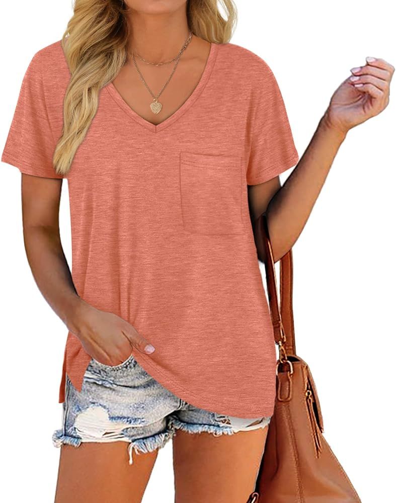 Women's V Neck Short Sleeve Shirts Side Split Pocket Summer Tee Tops | Amazon (US)
