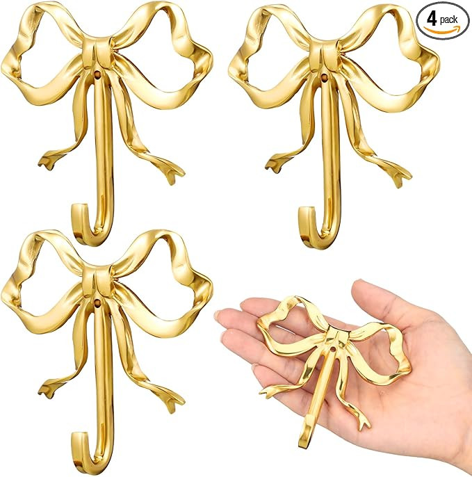 4 Pcs Gold Bow Knot Hooks Brass Bow Wall Door Hanger Towel Hooks Brass Coat Hanger Decorative Hol... | Amazon (US)