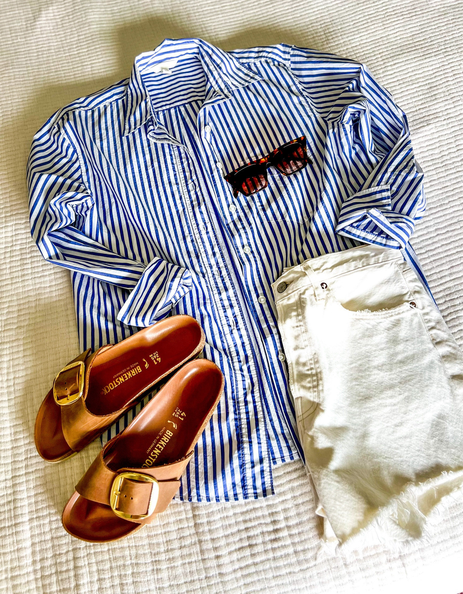 Mom on-the-go look for summer, stripe button down, Agolde while shorts, Birkenstock sandals, travel outfit, 4th of July #SarahKellyStyle

#LTKstyletip #LTKFind #LTKSeasonal