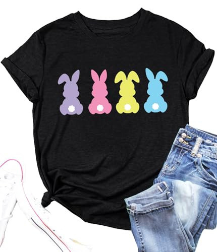 Funny Bunny Print T Shirt for Women Cute Graphic Easter Shirts Family Colorful Spring Tops Casual Tee(EA-205BK,Small) | Amazon (US)