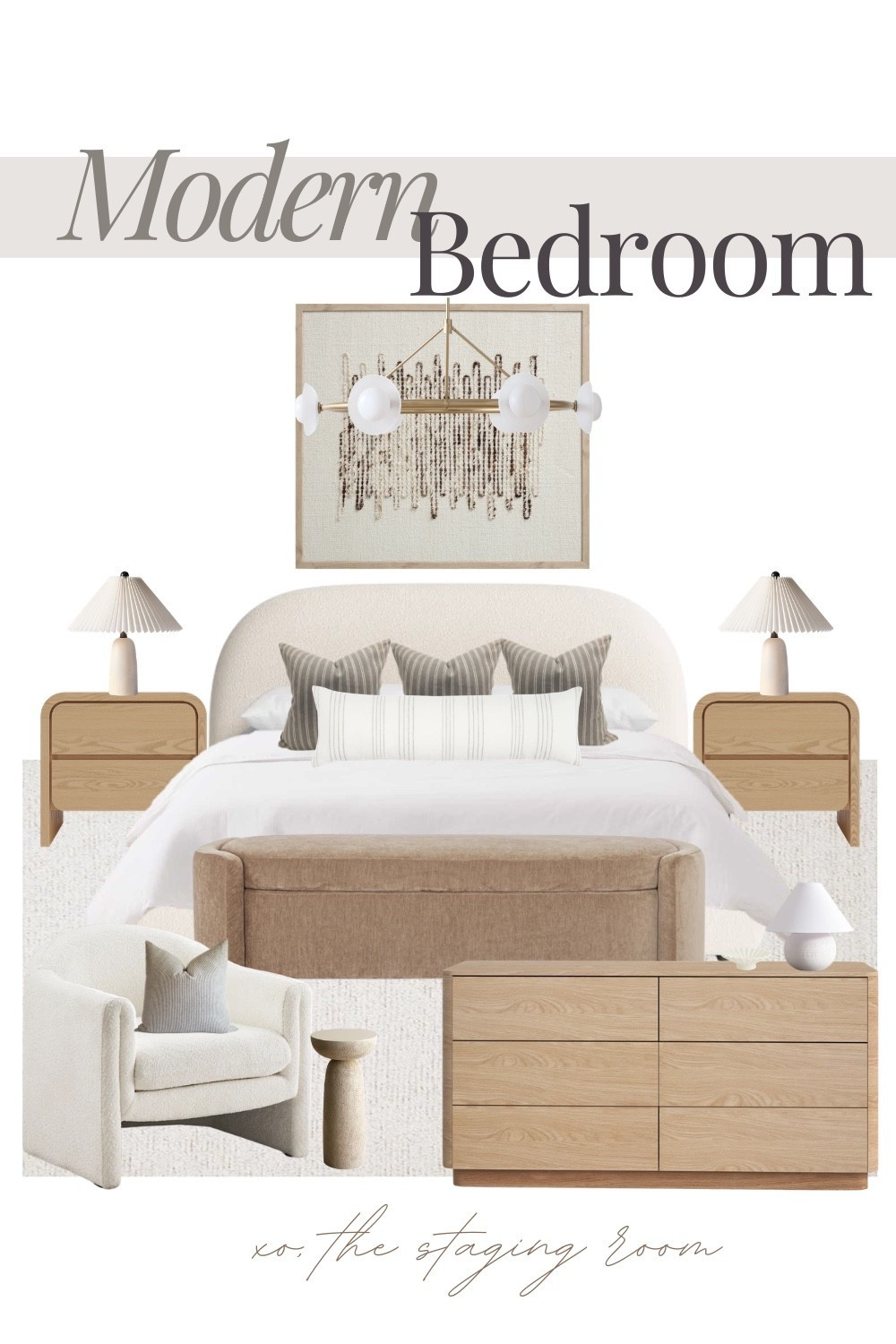 Classic, modern, contemporary bedroom with tons of storage.
---
Nightstands, bedroom storage, bedroom dresser, storage bench, accent chair, boucle chair, side table, drink table, pillows, cushion, pillow covers, wall art, chandelier, low bed, upholstered bed, queen bed, king bed, white bed, ivory rug, neutral bedroom.

#LTKHome #LTKSaleAlert