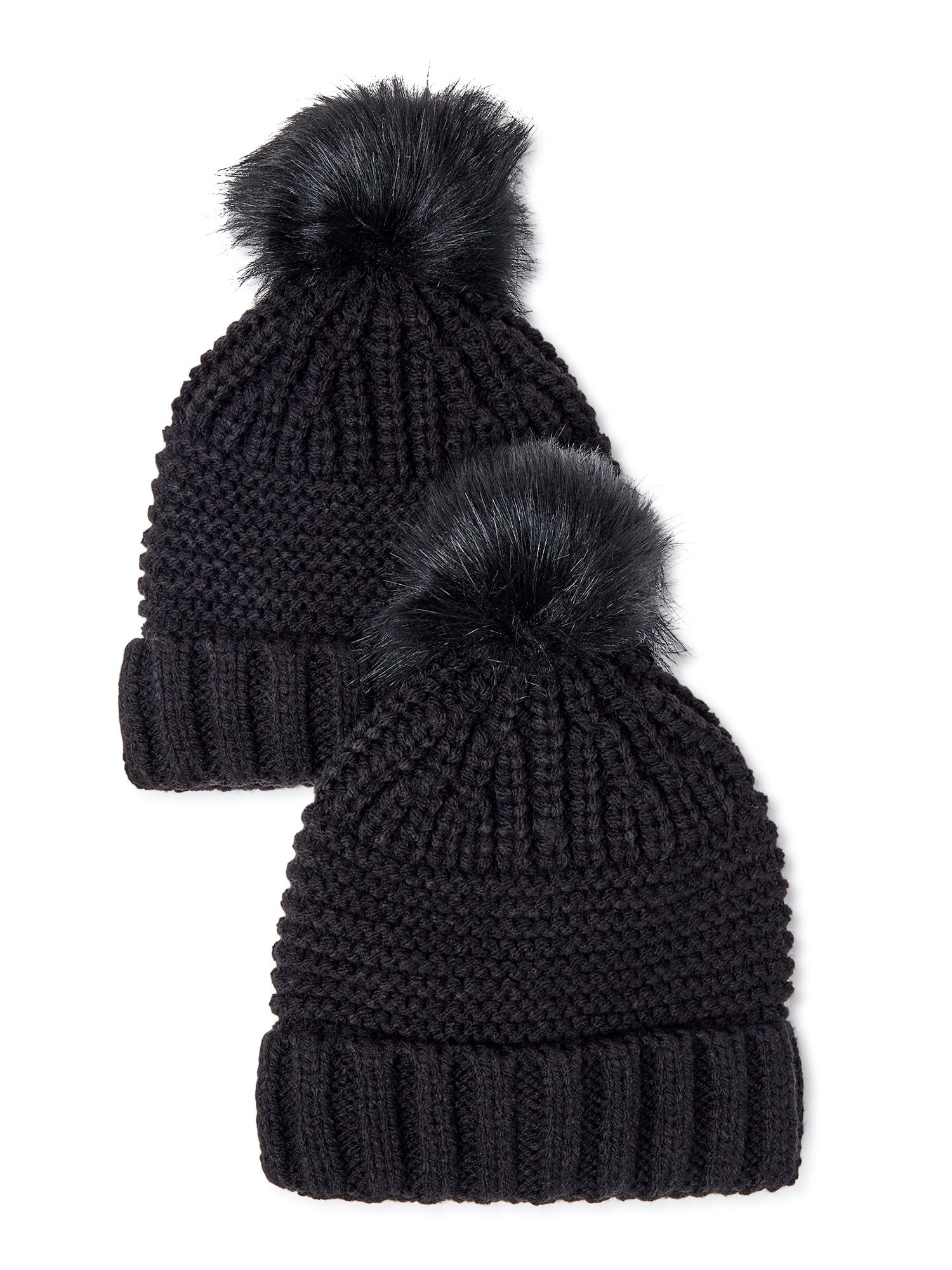 Time and Tru Women’s Mixed Knit Pom Beanie, 2-Pack | Walmart (US)