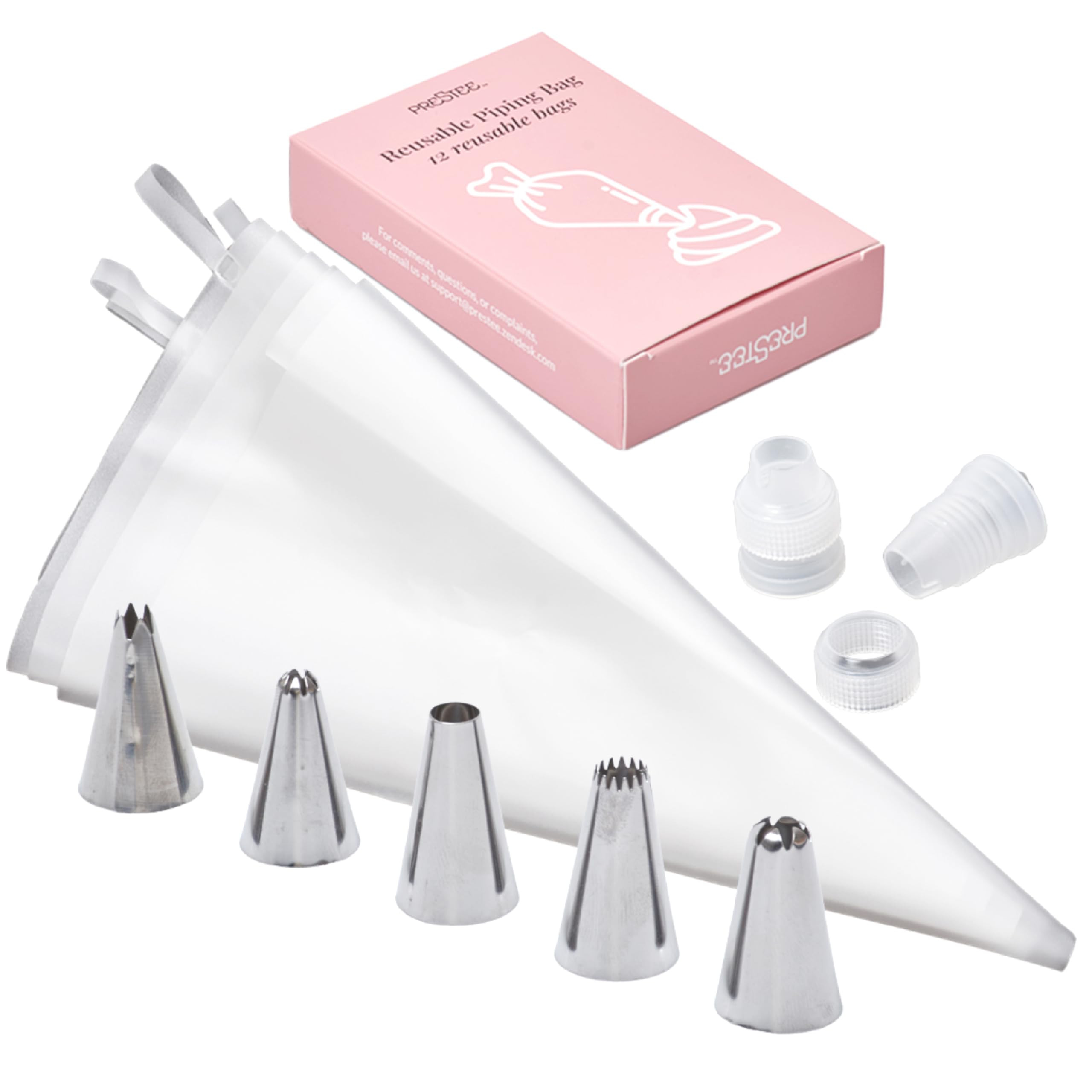 Prestee Reusable Piping Bags and Tips Set - 5 TPU 12-Inch Piping Bags with 5 Metal Icing Tips and... | Amazon (US)
