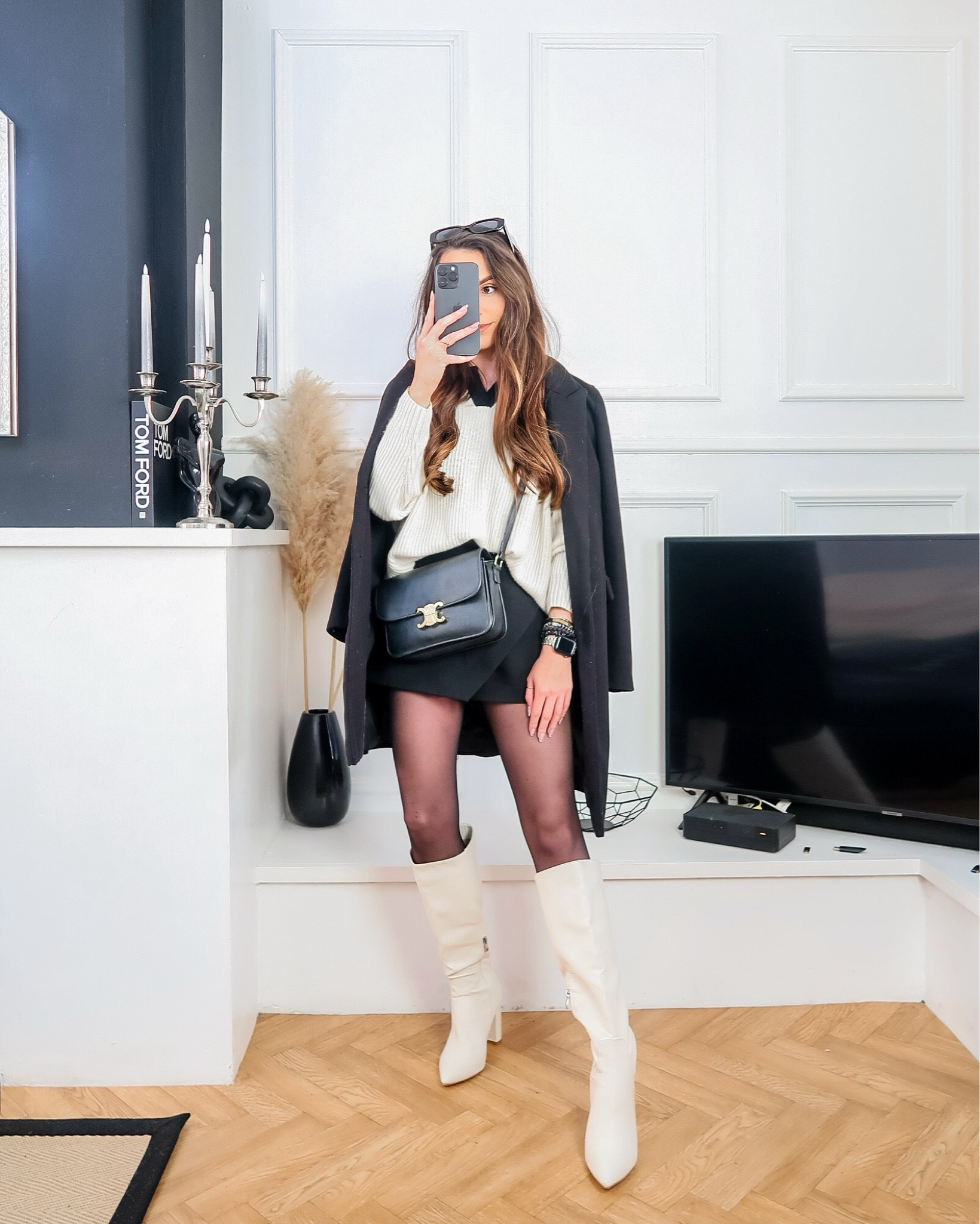 Cream contrast collar cashmere knit, cashmere sweater, neutral knit, monochrome knit, black piping knit, black crombie coat, black single breasted coat, black tailored wool look coat, black zara skort, cream knee high boots, neutral block heel boots, black tights outfit, monochrome outfit, black and white outfit 

knit is gentle herd (link broken but product still active) 

#LTKstyletip #LTKeurope