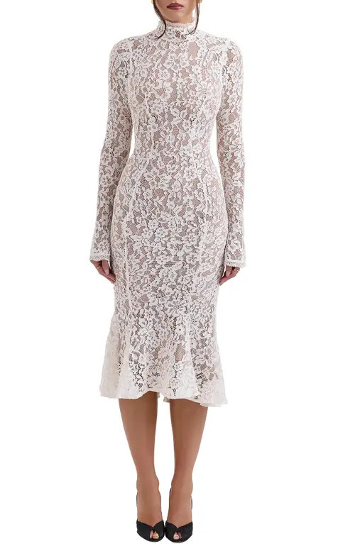 HOUSE OF CB Sophia Long Sleeve Lace Midi Dress in Ivory at Nordstrom, Size Large | Nordstrom