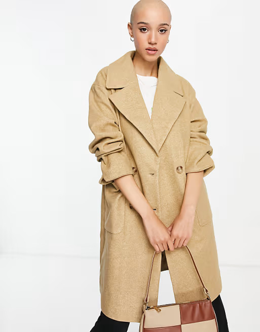 Vila double breasted herringbone coat in beige | ASOS (Global)