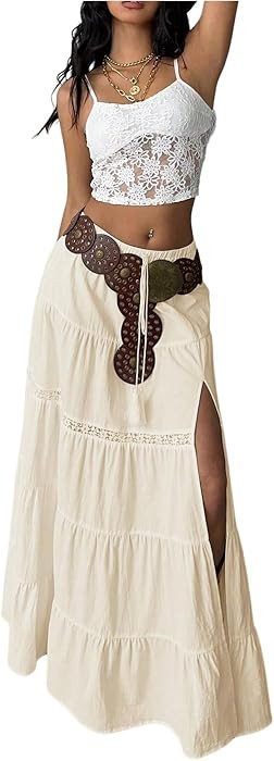 Verdusa Women's Long Maxi Skirts Boho Western Country Cncert Outfits Lace Skirt Split Layered Ruf... | Amazon (US)
