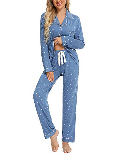 Anjue Christmas Sleepwear Women's Red Pajamas Lightweight Two Piece Sleep Set Bridesmaid Pj Sets(Lake Blue With Star,M) | Amazon (US)