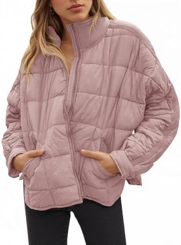 Aiopr Women's Oversized Lightweight Down Coat Long Sleeve Zip Packable Short Puffer Jackets | Amazon (US)
