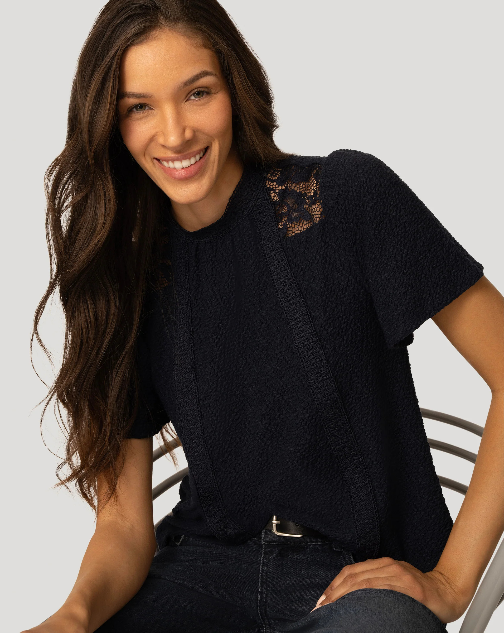 Women's Lace Mix Flutter Sleeve Blouse in Navy Blazer | Cable & Gauge | Cable & Gauge