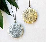 Round Floral BRASS gold-tone Photo Locket Necklace 1 3/8" Antique-like Keepsake Pendant | Amazon (US)