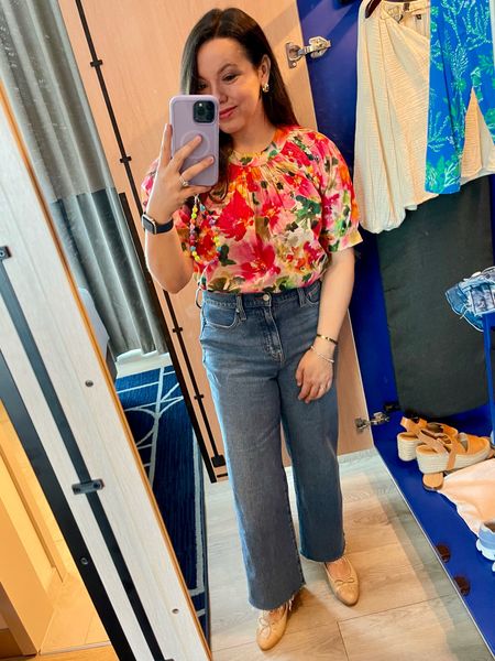 A fun abstract floral top from J.Crew that’s fun for summer and great for a girl’s lunch, spring outfit or office style - I took my regular size because it does run big, but I don’t like cropped! 
Smock neck floral top with puff sleeve 
Denim is slim flare leg, runs true to size 


#LTKshoecrush #LTKfindsunder100 #LTKstyletip