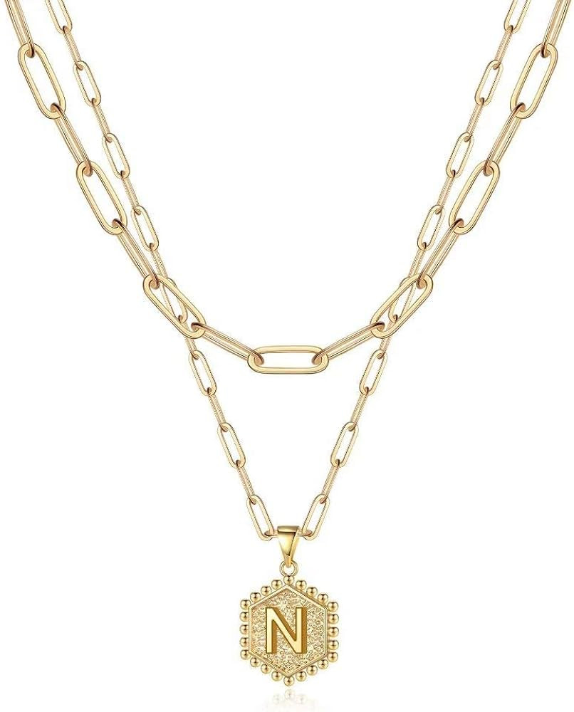 Dainty Layered Initial Necklaces for Women, 14K Gold Plated Paperclip Chain Necklace Simple Cute ... | Amazon (US)
