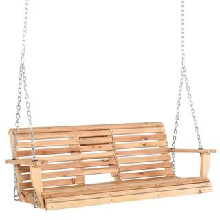 59 in. W Natural Wood Porch Swing with Folding Coffee Table, Durable PU Coating, Chains Included | The Home Depot