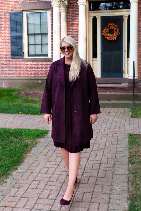 Fall burgundy monochromatic outfit. Burgundy pleated merino wool sweater dress, burgundy wool jacket, burgundy suede bow pumps, tortoise sunglasses, talbots, classic style, fall outfit, fall dress

#LTKover40 #LTKshoecrush #LTKmidsize