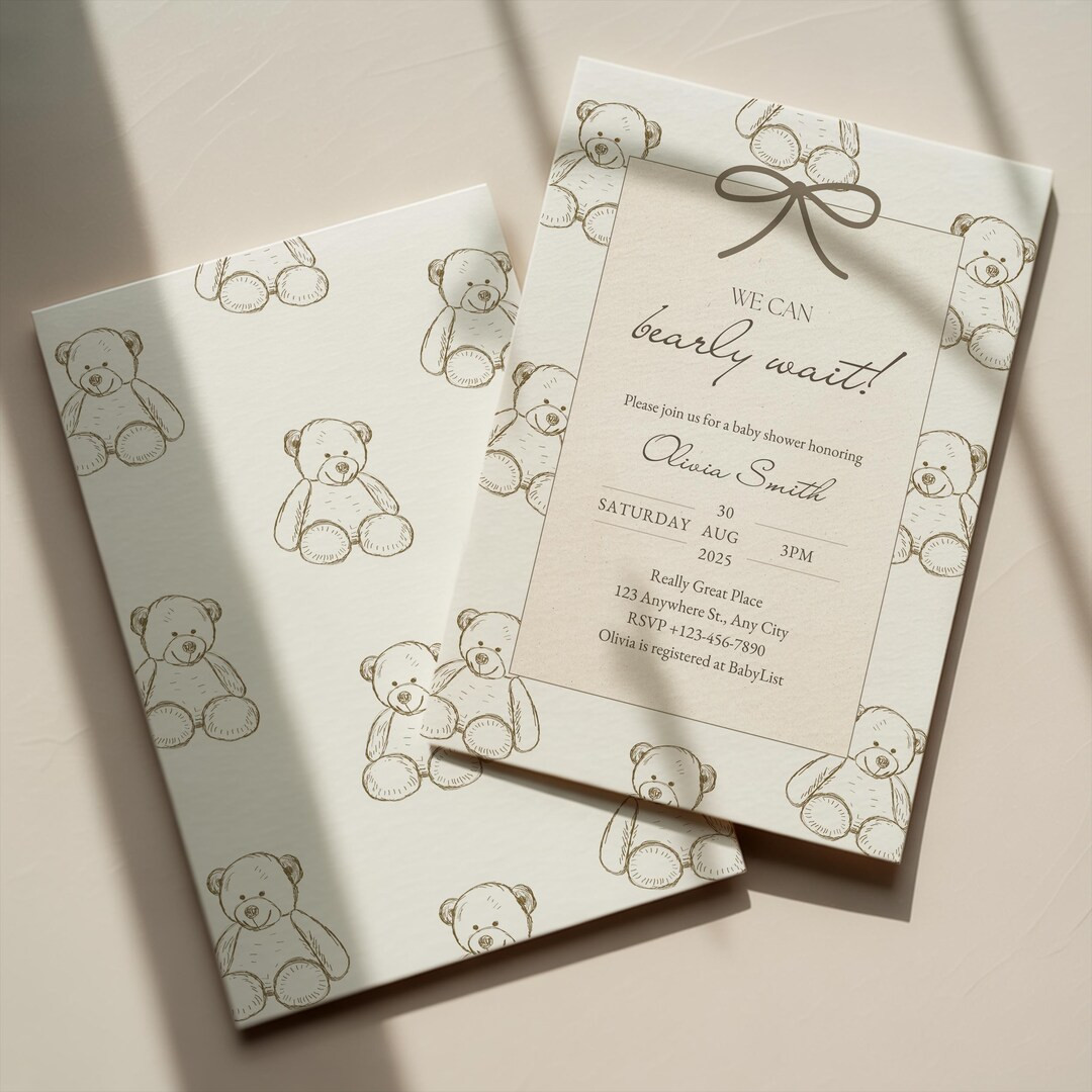 We Can Bearly Wait, Teddy Bear Vintage Bow Baby Shower Invitation, Gender Neutral Baby Shower, Ed... | Etsy (US)